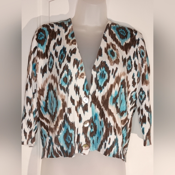 2/$30 CHICOS Vibrant Geometric Ikat Print 3/4sleeve Button-Down Cardigan(#3) - Picture 1 of 8
